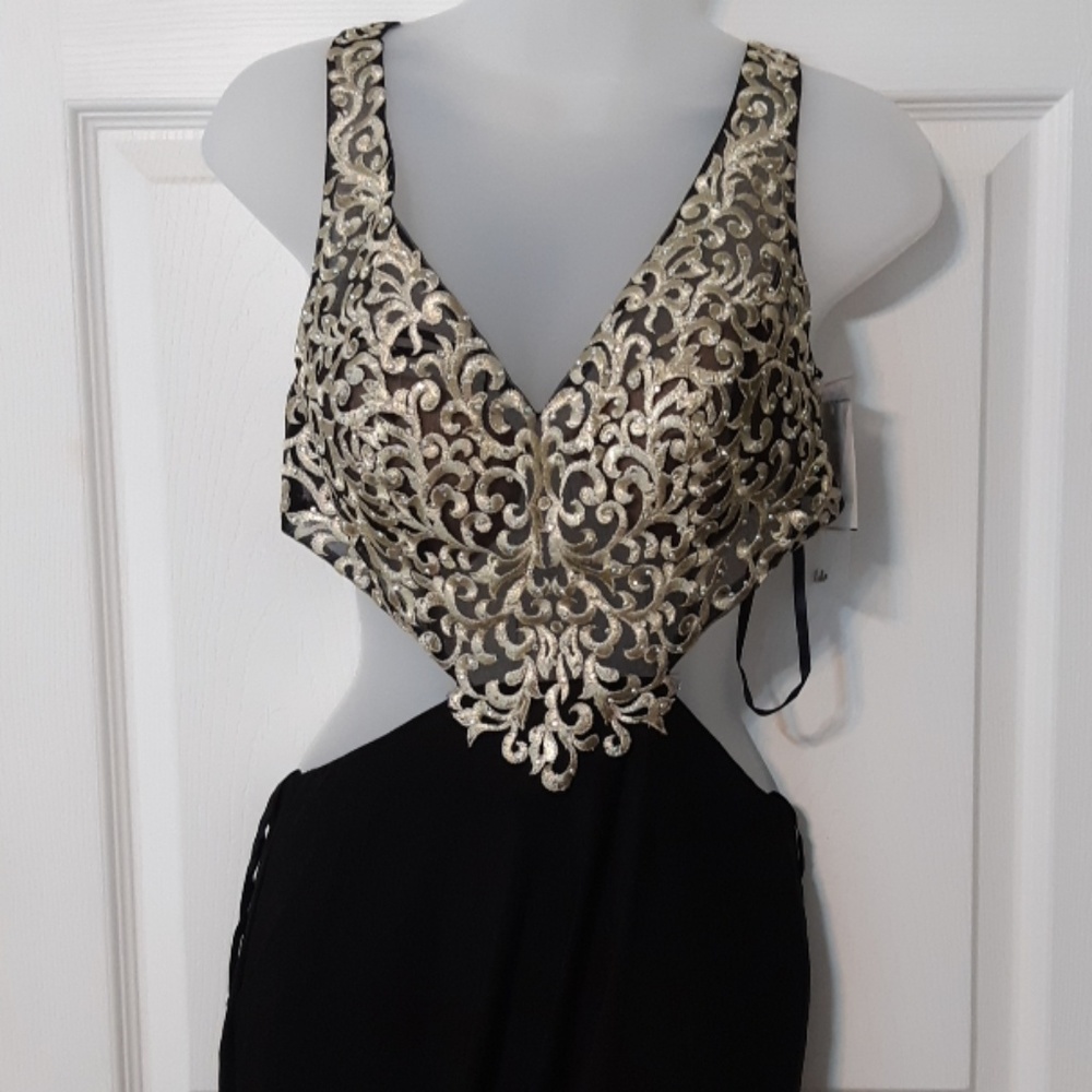 Black & Gold Halter Cutout Evening Gown NWT